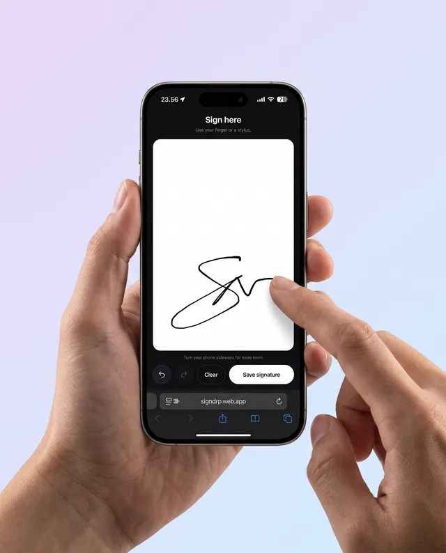 Hands holding an iPhone, drawing a signature with a finger on the SignDrop mobile signing screen