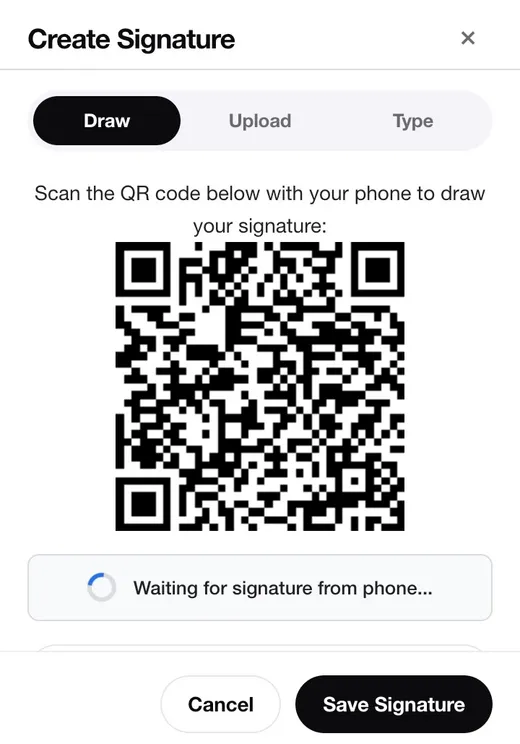 SignDrop Create Signature dialog showing a QR code to scan and draw your signature on your phone